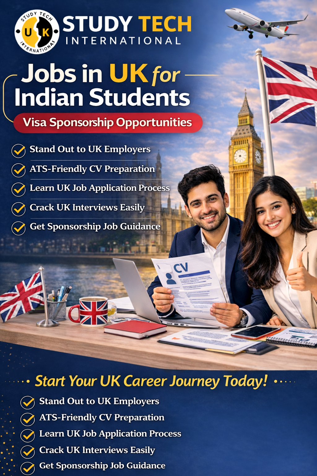Jobs in UK for Indian students with visa sponsorship support by Study Tech International featuring CV preparation and career guidance
