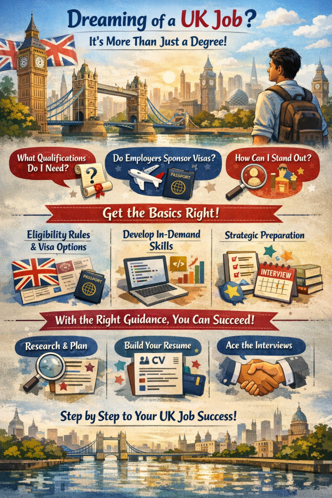 UK job requirements for Indian students infographic showing qualifications, visa sponsorship, and job preparation steps