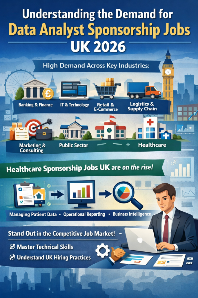 Understanding the Demand for Data Analyst Sponsorship Jobs UK 2026” showing major UK industries hiring data analysts, including banking and finance, IT and technology, retail and e-commerce, logistics and supply chain, marketing and consulting, public sector, and healthcare. The graphic highlights rising healthcare sponsorship opportunities for managing patient data, operational reporting, and business intelligence, with a business professional using a laptop and a London city skyline in the background.