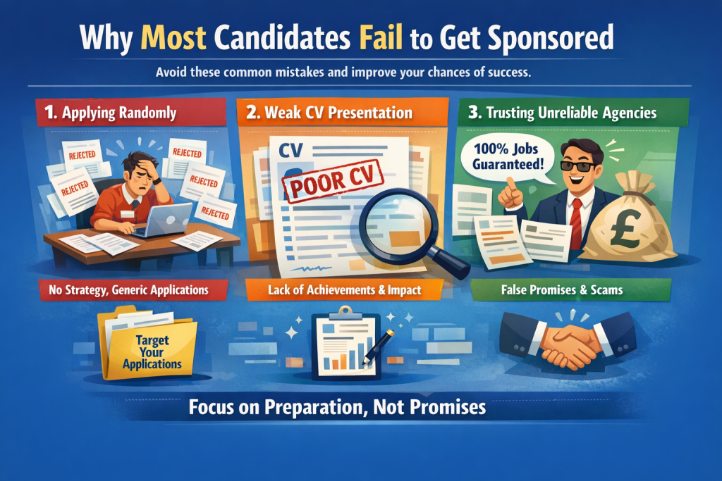 Why Most Candidates Fail to Get Sponsored” showing three common mistakes made by job seekers. The first section shows a stressed candidate surrounded by rejected applications, representing random job applications without a strategy. The second section shows a weak CV marked “Poor CV,” symbolizing poor presentation and lack of achievements. The third section shows an unreliable agency promising “100% Jobs Guaranteed” next to a bag of money, representing false promises and scams. At the bottom, the infographic encourages candidates to focus on preparation, stronger CVs, and targeted applications instead of relying on unreliable agencies.