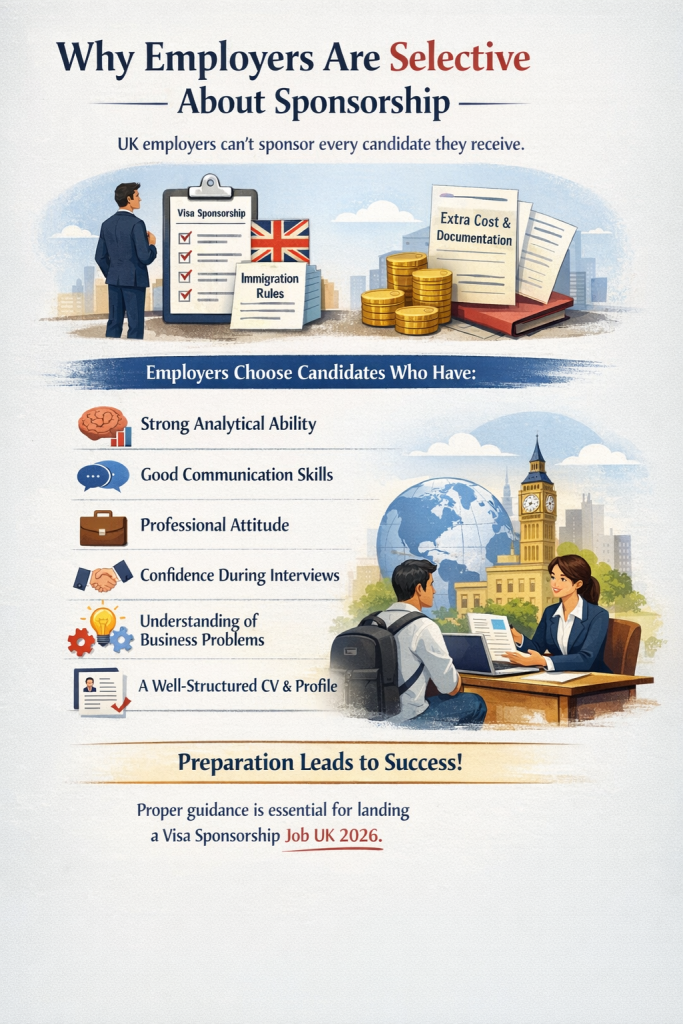 Infographic explaining why UK employers are selective about visa sponsorship, showing sponsorship costs, immigration rules, and the key qualities employers look for in international candidates, including analytical skills, communication, professionalism, interview confidence, business understanding, and a strong CV for UK visa sponsorship jobs in 2026.