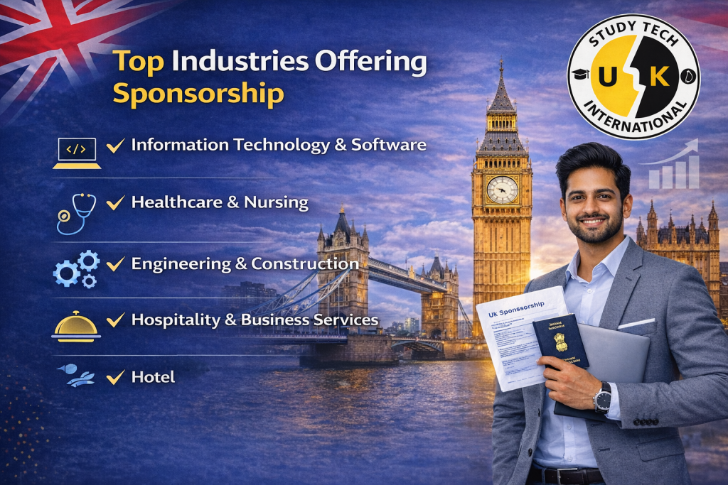 Top Industries Offering Sponsorship” with the Study Tech International logo in the top-right corner. The left side lists key UK sponsorship sectors with icons, including Information Technology and Software, Healthcare and Nursing, Engineering and Construction, and Hospitality and Business Services. The background shows a blue-toned London skyline with Big Ben and Tower Bridge.