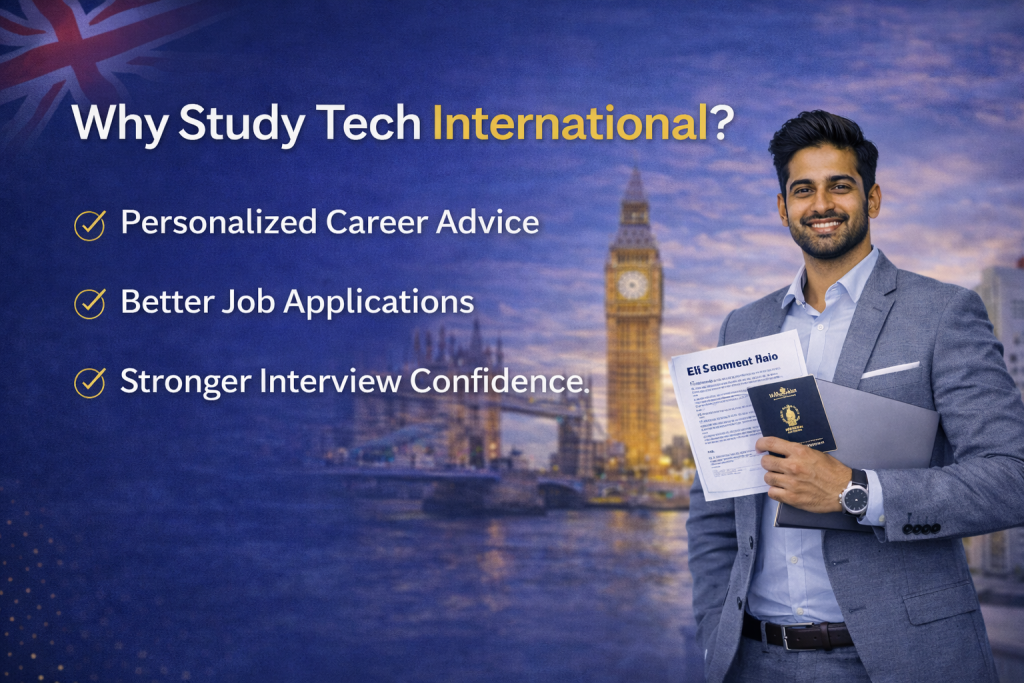 Modern blog banner with a dark blue background and faint London skyline featuring Big Ben and Tower Bridge. Large heading reads “Why Study Tech International?” in white and yellow text. Three bullet points with yellow checkmark icons say “Personalized Career Advice,” “Better Job Applications,” and “Stronger Interview Confidence.” On the right, a smiling young Indian professional in a grey suit holds a laptop, passport, and document in a softly lit office setting.