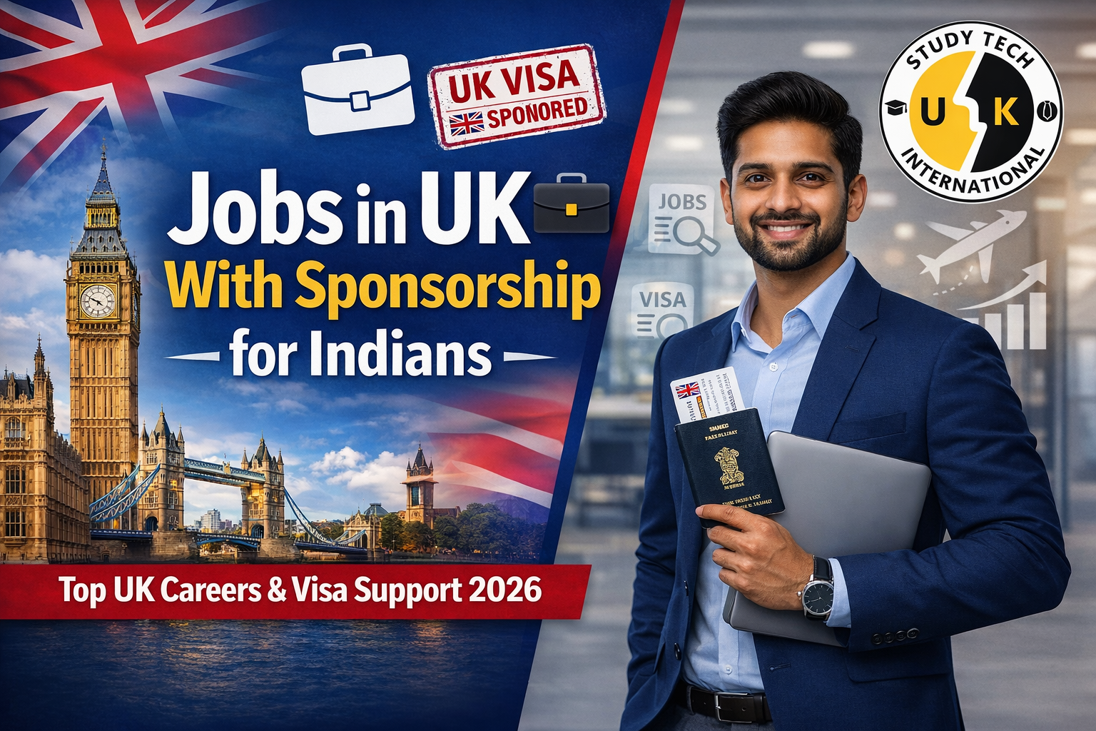 Alt text: Promotional thumbnail for Study Tech International showing “Jobs in UK With Sponsorship for Indians” in large white and yellow text over a dark blue background. The left side features Big Ben, Tower Bridge, a UK visa sponsored stamp, and briefcase icons. The right side shows a smiling young Indian professional in a grey suit holding a laptop and passport in an office setting, with career growth, jobs, visa, and airplane icons in the background. The Study Tech International logo appears in the top-right corner, and a red banner at the bottom reads “Top UK Careers & Visa Support 2026”.