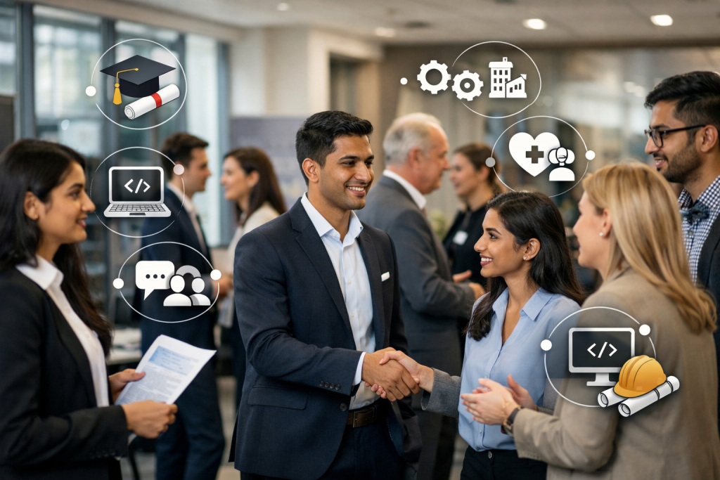 Young Indian graduates speaking confidently with UK employers at a modern office hiring fair, surrounded by icons for education, technology, healthcare, and construction.