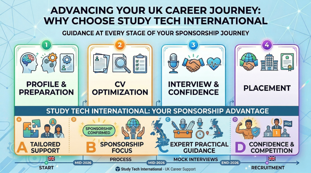 A four-step UK career journey infographic by Study Tech International, including'Profile & Preparation,''CV Optimization,''Interview & Confidence,' and'Placement' stages with icons, text descriptions, and a 2026 timeline.