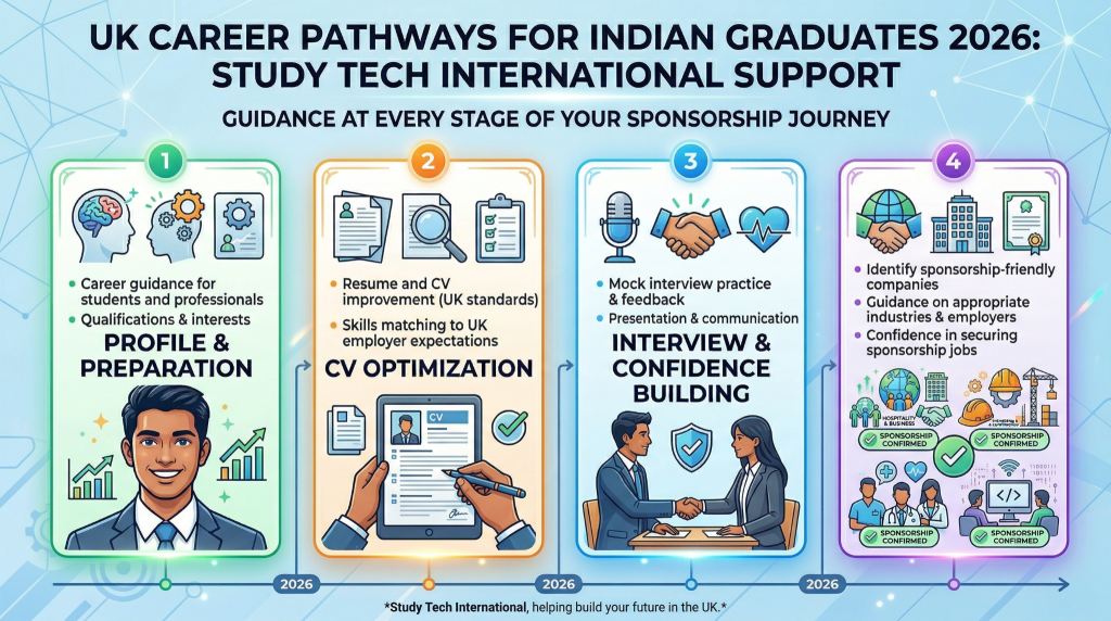 A four-step 2026 infographic for Indian graduates' UK career paths, detailing Profile & Preparation, CV Optimization, Interview & Confidence Building, and Placement steps with icons, text, and timeline.