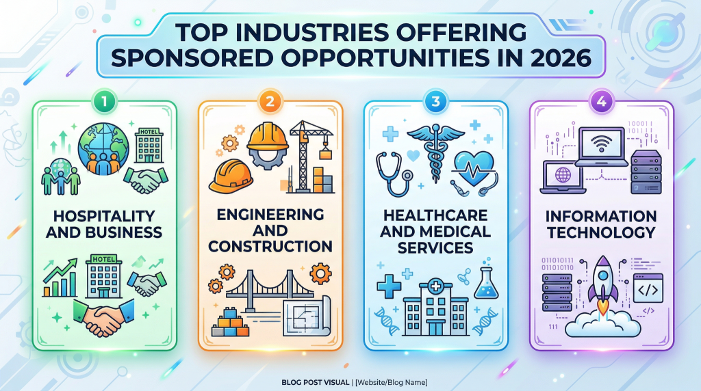 Infographic with four highlighted career sectors for 2026 sponsorship opportunities: hospitality and business, engineering and construction, healthcare and medical services, and information technology, each shown with matching icons and colorful panels.