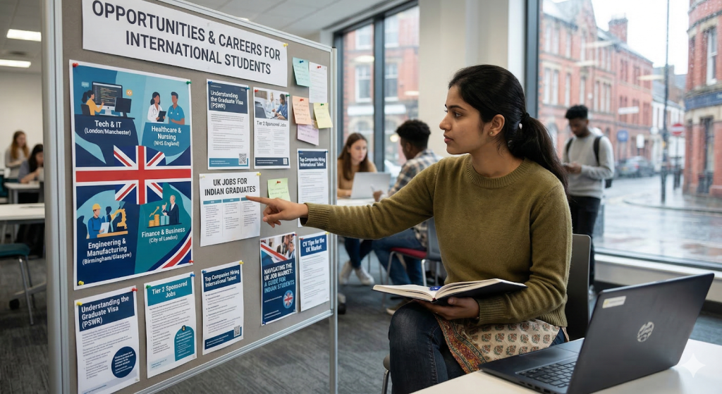 Indian student reviewing job opportunities board for jobs in UK for Indian students with visa information and career guidance posters