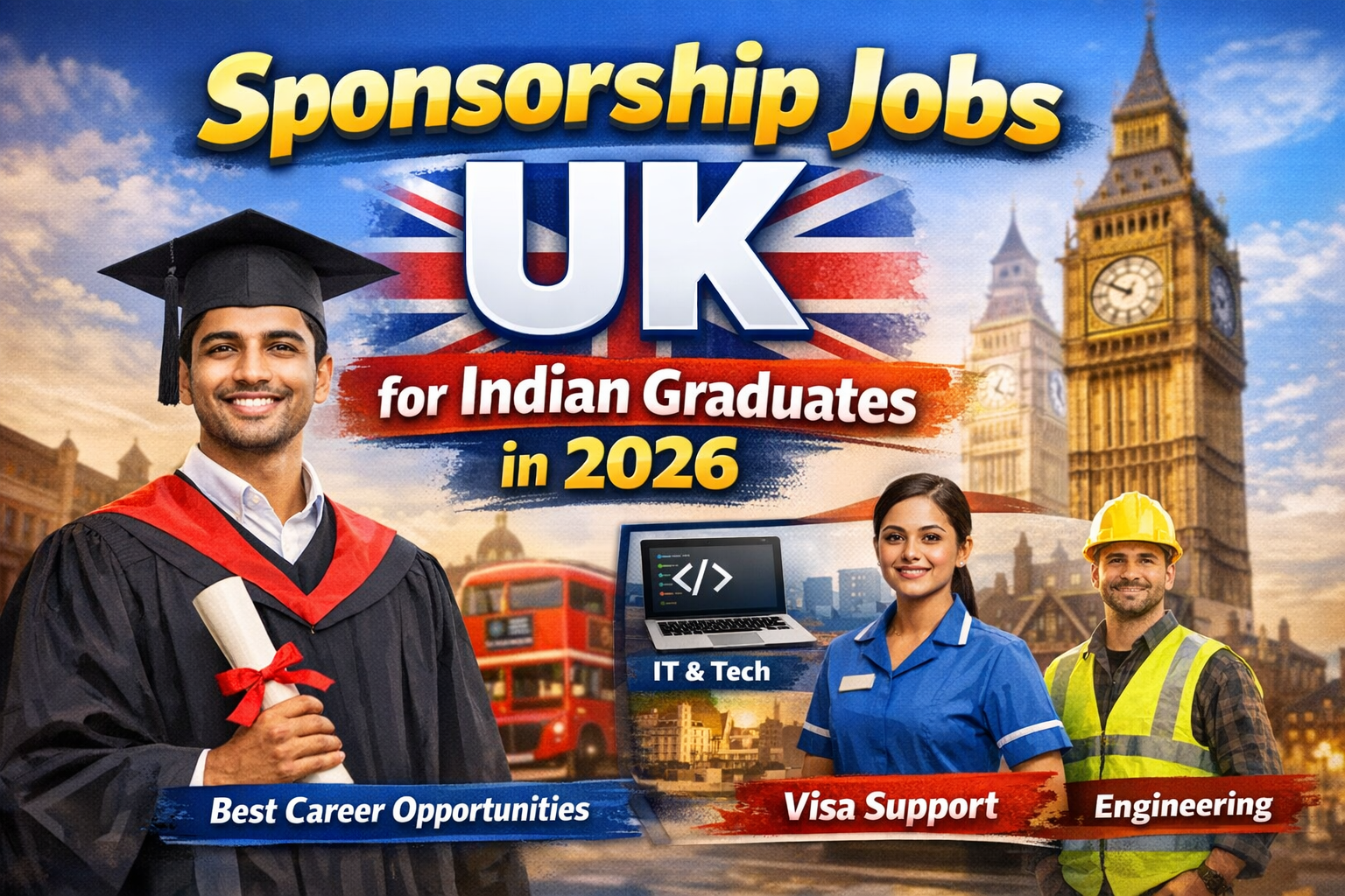 Thumbnail showing an Indian graduate, UK flag, Big Ben, and career icons for IT, healthcare, and engineering with text about UK sponsorship jobs for Indian graduates in 2026.