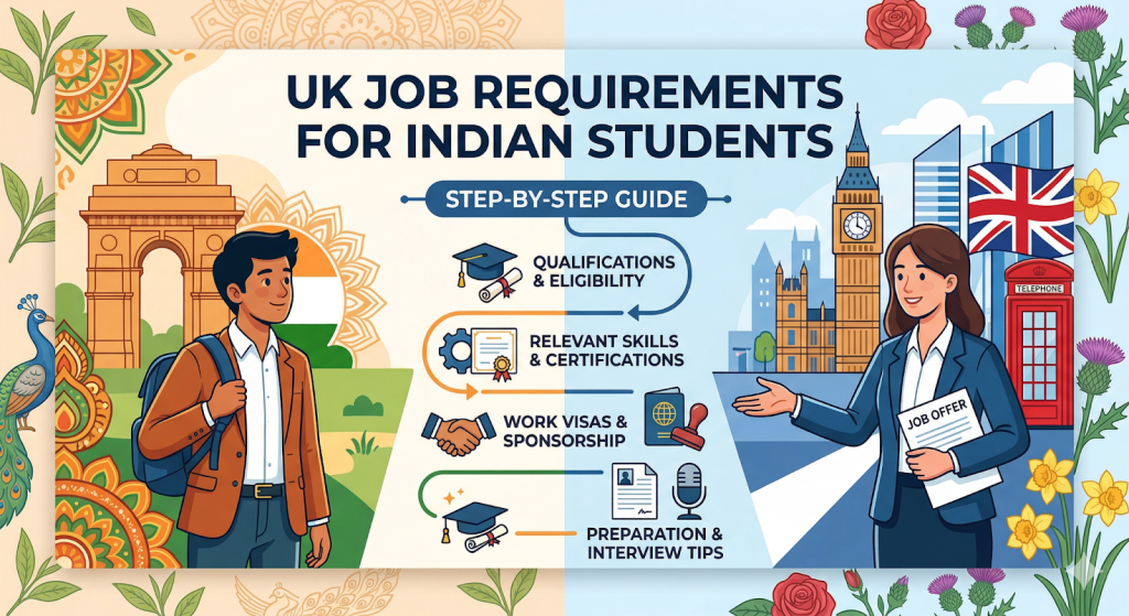 UK job requirements for Indian students infographic showing qualifications, visa sponsorship, and job preparation steps