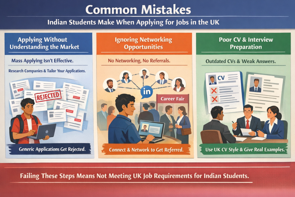 Common mistakes Indian students make when applying for jobs in the UK including poor CV, no networking, and random applications