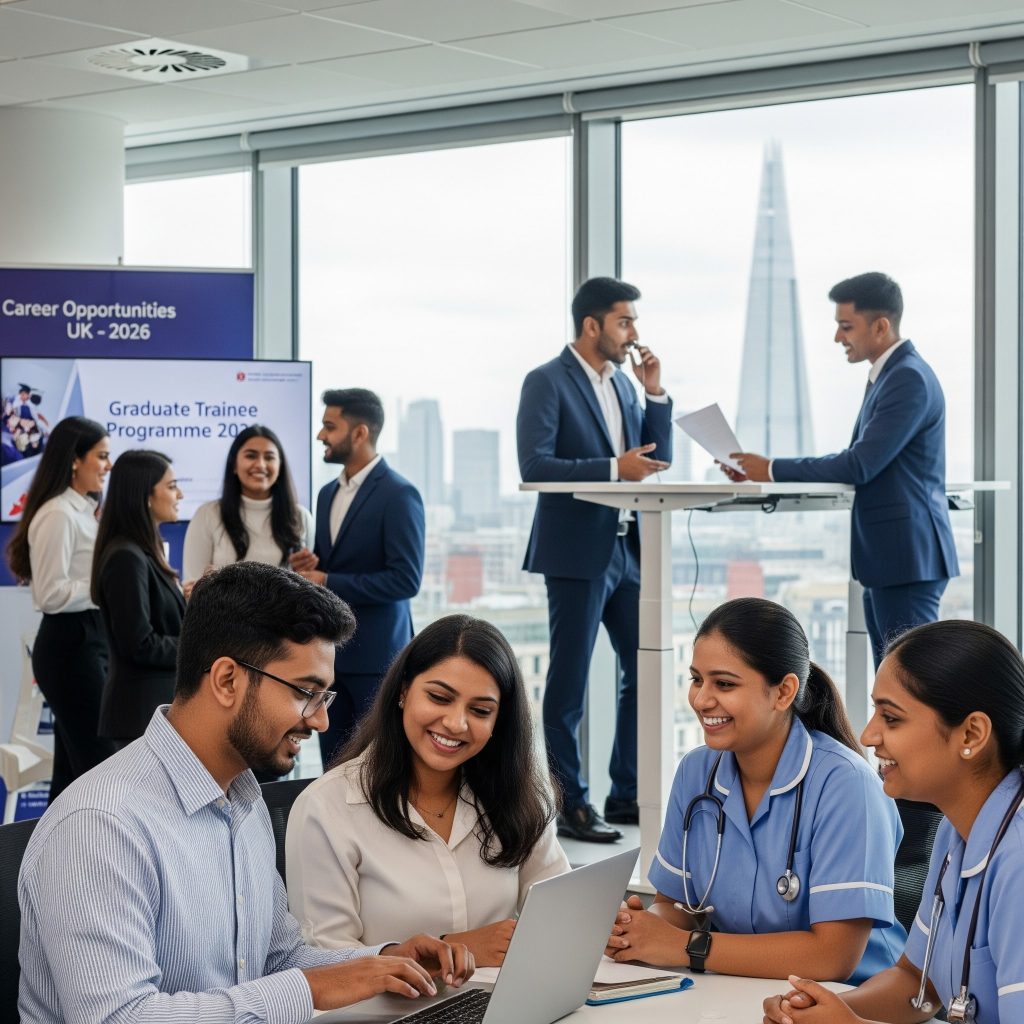 Entry-level IT jobs, healthcare support roles, graduate trainee programs, and customer service operations opportunities in the UK job market for freshers and international candidates