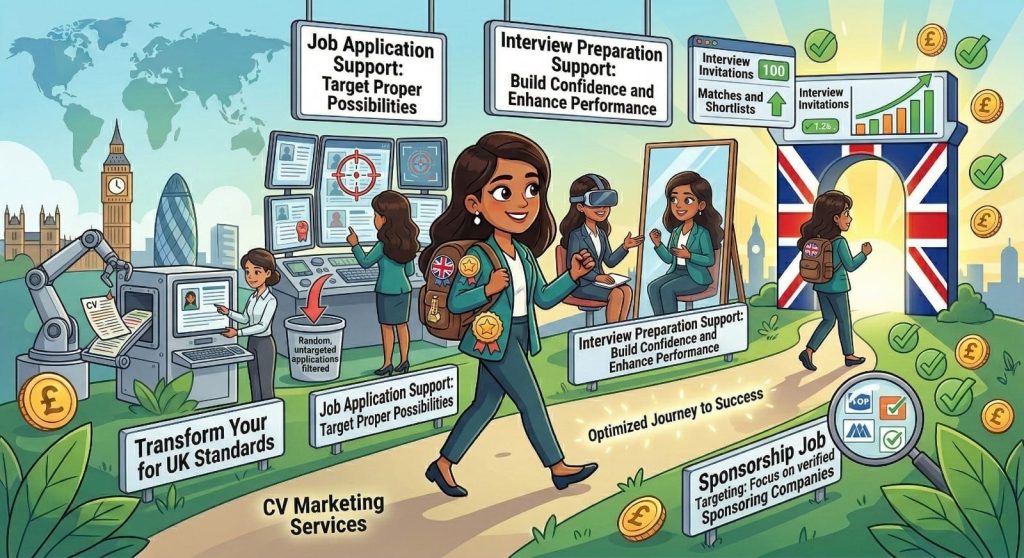 UK visa sponsorship jobs 2026 career journey with CV marketing, job application support, interview preparation, and sponsorship job targeting for international candidates
