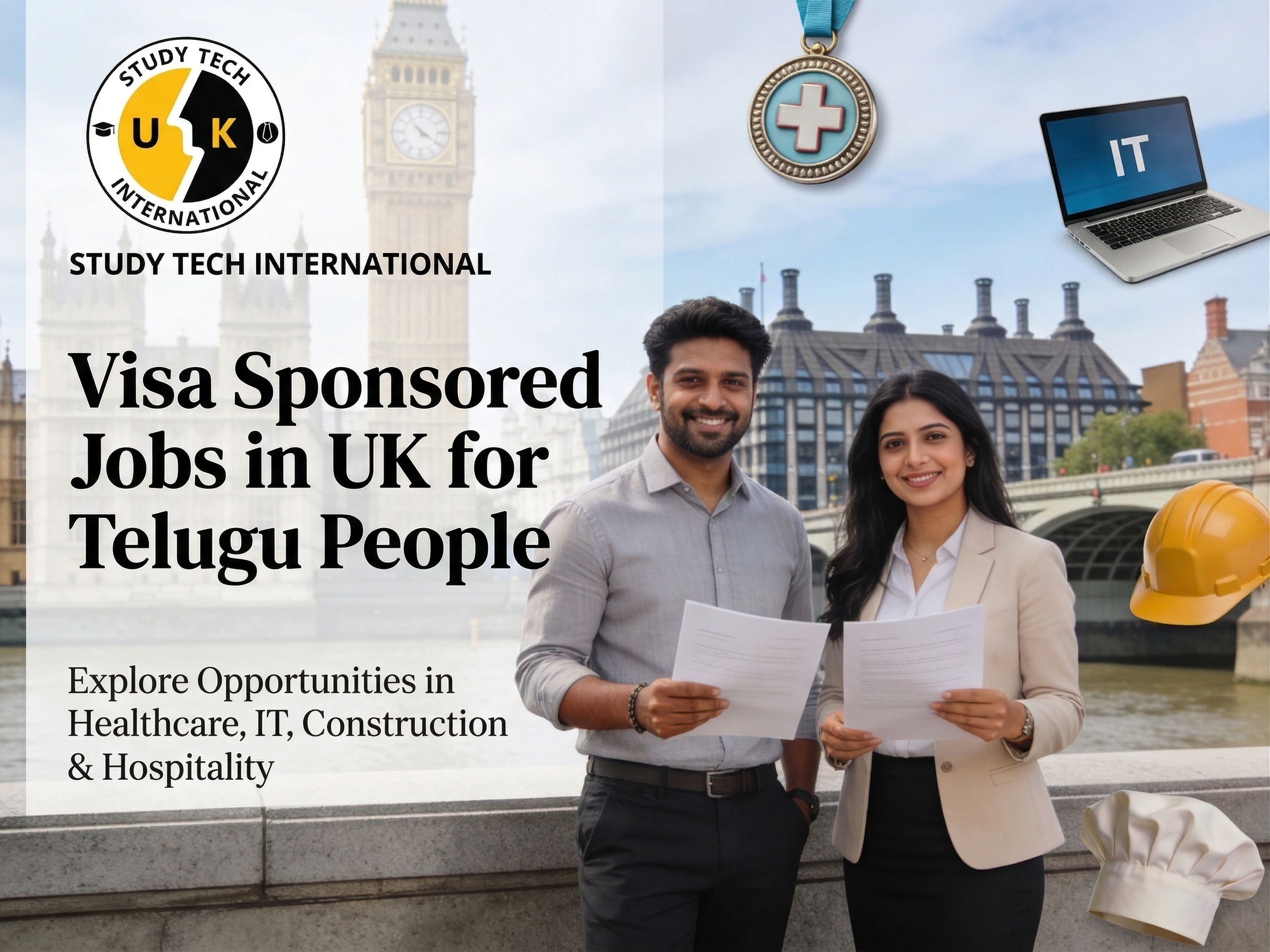 Alt text: A professional blog banner showing a Telugu man and woman in business-casual clothing standing confidently with resumes in front of the London skyline, including Big Ben and modern office buildings. Career symbols for healthcare, IT, construction, and hospitality appear subtly in the background, with open space on the left for the article title “Visa Sponsored Jobs in UK for Telugu People.