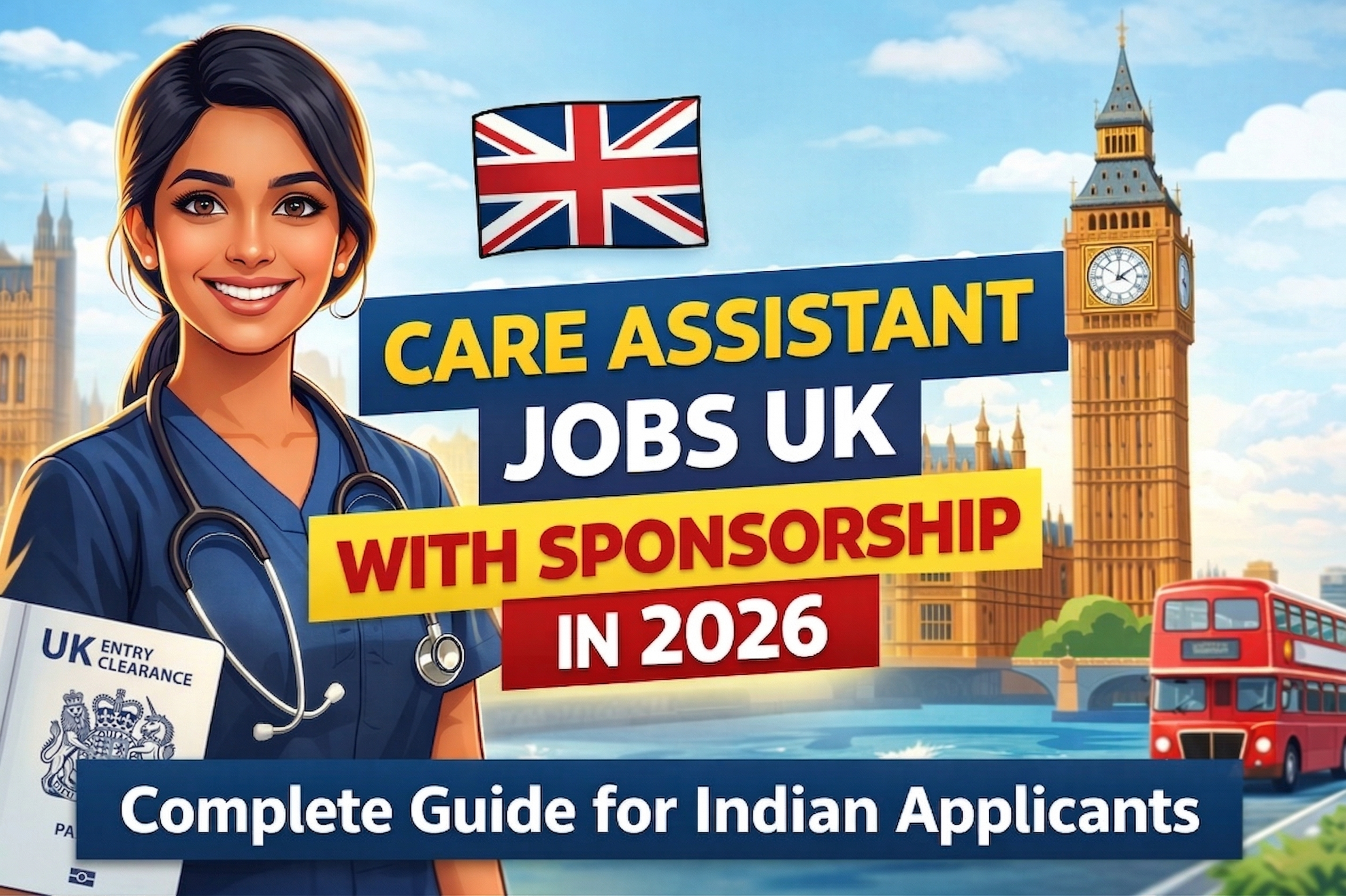 A smiling Indian female care assistant wearing blue medical scrubs and a stethoscope stands in front of Big Ben and a red London bus, with UK and Indian flags above her. Large bold text reads “Care Assistant Jobs UK With Sponsorship in 2026” and “Complete Guide for Indian Applicants.”