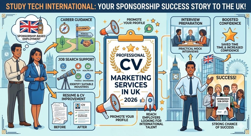 A vibrant illustrative infographic for "STUDY TECH INTERNATIONAL," titled "YOUR SPONSORSHIP SUCCESS STORY TO THE UK!". It features an interactive, interconnected path from an Indian couple on the left to various support panels: "CAREER GUIDANCE" (students, professionals), "JOB SEARCH SUPPORT" (different industries), "RESUME & CV IMPROVEMENT" (before/after documents), and "INTERVIEW PREPARATION." The central focus is a large certificate labeled "PROFESSIONAL CV MARKETING SERVICES IN UK 2026," with megaphones and a rocket promoting a "STRONGER PRESENTATION TO EMPLOYERS." On the right, a confident man points towards a "SUCCESS!" panel where diverse people celebrate a "SPONSORED JOB OFFER," against stylized London landmarks. Icons for "BOOSTED CONFIDENCE" and "SAVED TIME" are also included, all within a modern, clean design. A small text at the bottom says "Based on your text.