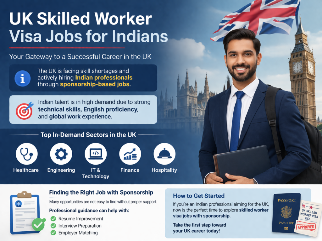 Professional illustration showing Indian professionals preparing for UK skilled worker visa jobs, with healthcare, IT, engineering, finance, and hospitality careers represented against a modern UK city background.