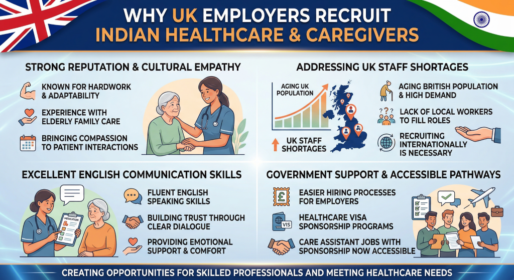 An infographic illustrating why UK employers recruit Indian healthcare and caregivers. The graphic is divided into four sections: Strong Reputation & Cultural Empathy, Addressing UK Staff Shortages, Excellent English Communication Skills, and Government Support & Accessible Pathways. Each section includes illustrations and bullet points detailing the reasons. The top banner features the UK and Indian flags.
