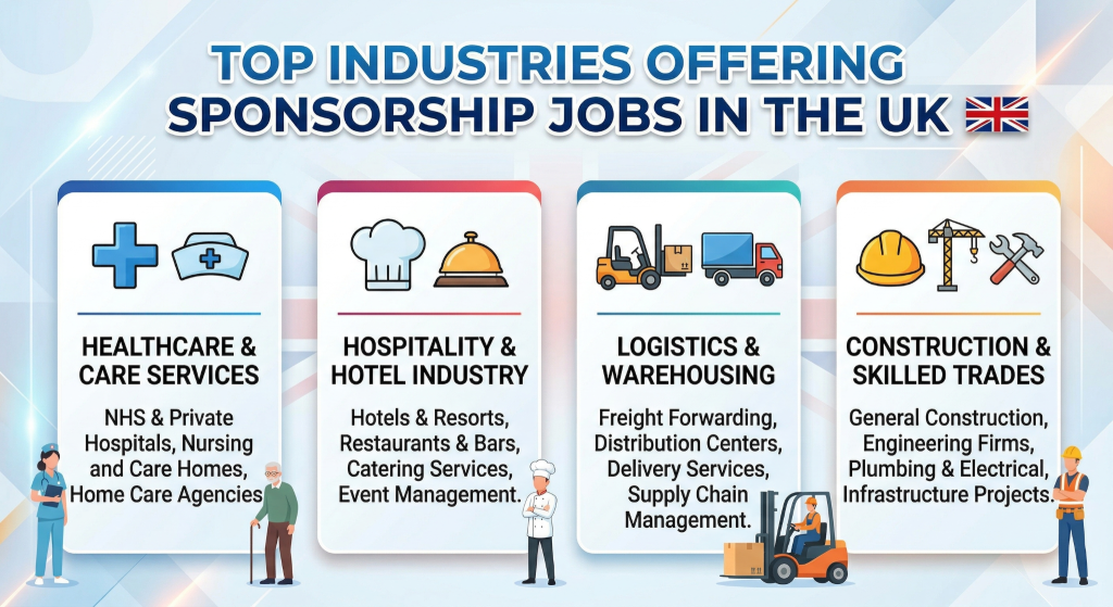 An infographic illustrating four industries offering sponsorship jobs in the UK, with the UK flag and the title "TOP INDUSTRIES OFFERING SPONSORSHIP JOBS IN THE UK". The industries, in four columns, are Healthcare & Care Services, Hospitality & Hotel Industry, Logistics & Warehousing, and Construction & Skilled Trades.