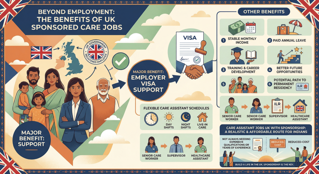 An illustrative infographic showing a diverse multi-generational Indian family and various healthcare workers, highlighting "The Benefits of UK Sponsored Care Jobs," with detailed sections on employer visa support, stable monthly income, paid annual leave, training, better future opportunities, family relocation, a path to permanent residency, and career growth.