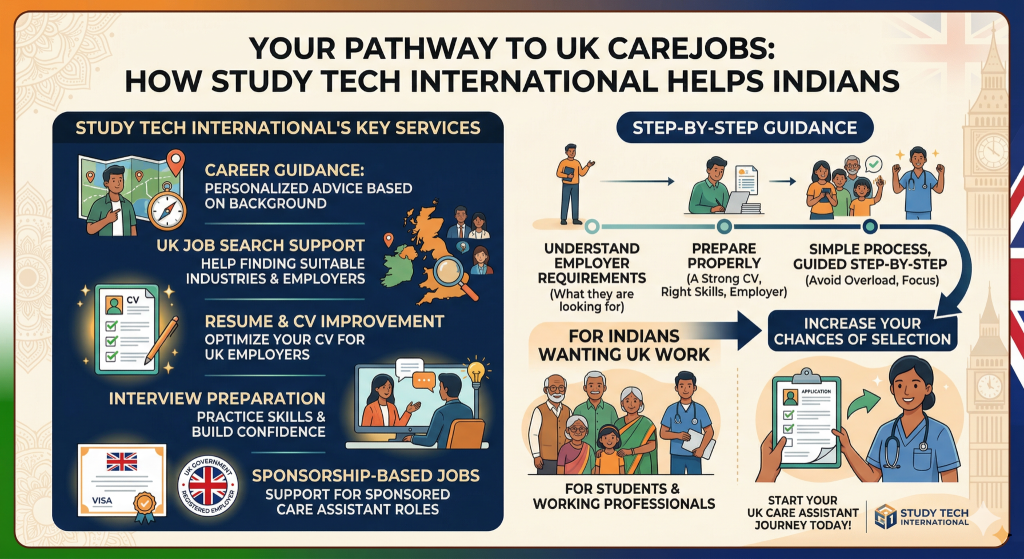 An illustrative infographic showing "Your Pathway to UK Carejobs: How Study Tech International Helps Indians". The graphic is split into four panels detailing key services: Career Guidance, UK Job Search Support, Resume & CV Improvement, and Interview Preparation, including specific icons and descriptions. The bottom section outlines Step-by-Step Guidance from understanding requirements to successful selection, with illustrations of a multi-generational Indian family and diverse professionals. A call to action at the bottom reads "Start Your UK Care Assistant Journey Today!" with the company logo. A stylized border with Indian patterns and a subtle British flag and clock tower frame the image.