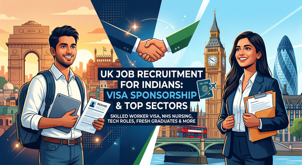 A vibrant, split-panel illustration showing Indian and UK landmarks. On the left, a smiling young Indian man stands before the India Gate. On the right, a smiling young professional woman stands before Big Ben and other London buildings. Center text reads: UK JOB RECRUITMENT FOR INDIANS: VISA SPONSORSHIP & TOP SECTORS. Below it: SKILLED WORKER VISA, NHS NURSING, TECH ROLES, FRESH GRADUATES & MORE.
