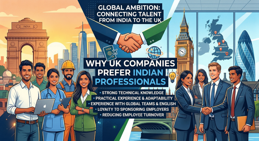 A vibrant split-panel illustration showing Indian professionals on the left, UK professionals on the right, and center text detailing why UK companies prefer hiring Indian professionals, including their strong technical knowledge, global team experience, and high retention rates.