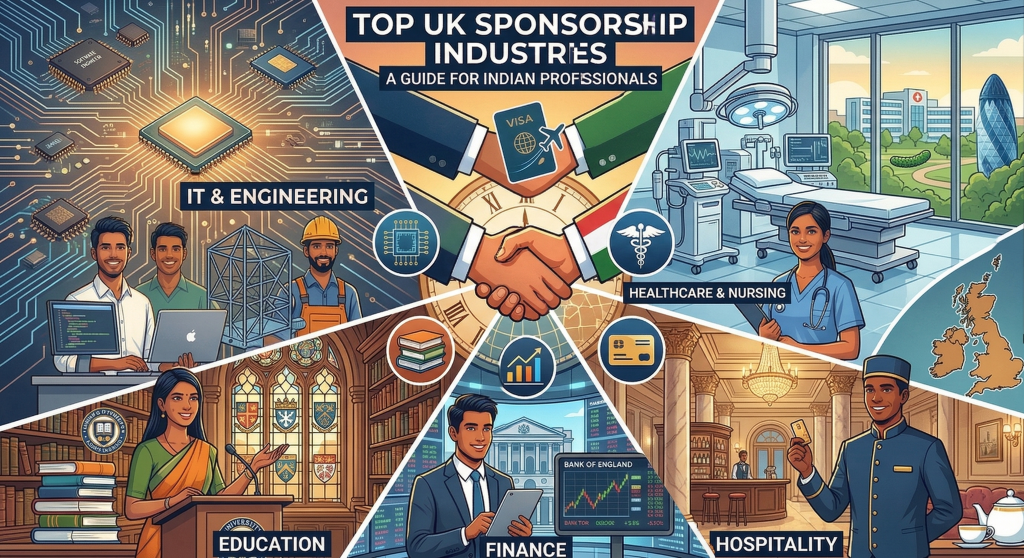 An illustrated infographic guide for Indian professionals listing top UK sponsorship industries: IT & Engineering, Healthcare & Nursing, Education, Finance, and Hospitality. A central handshake and symbols represent the visa and partnership, while five radiating panels depict the sectors with representative professionals, key tools, and iconic UK and Indian architecture.
