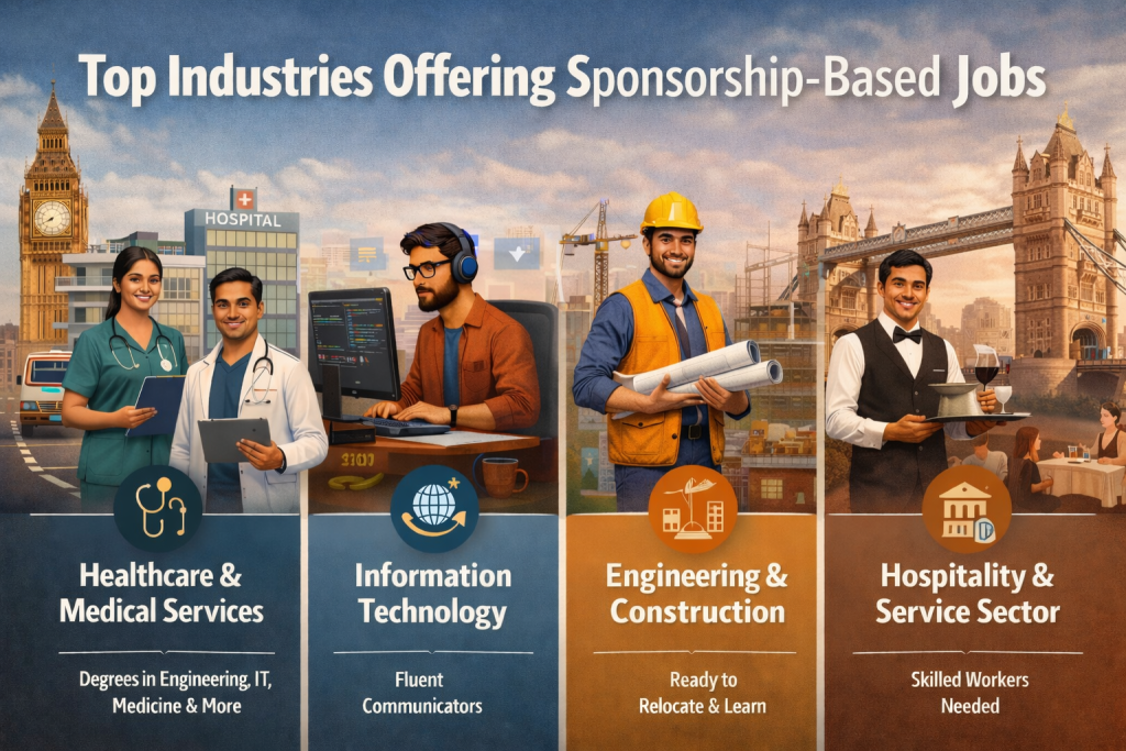 Infographic titled “Top Industries Offering Sponsorship-Based Jobs,” showing four sectors with Indian professionals: healthcare and medical services with doctors and nurses, information technology with a software developer, engineering and construction with an engineer holding blueprints, and hospitality and service sector with a waiter. Big Ben and the Taj Mahal appear in the background.