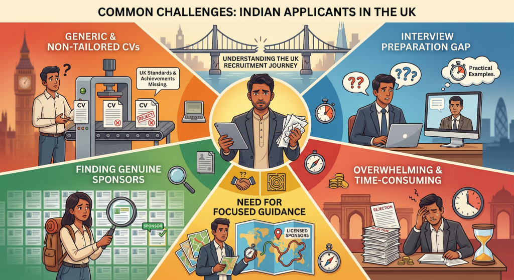 A colorful infographic illustrating five common challenges faced by Indian applicants seeking jobs in the UK: Generic & Non-Tailored CVs, an Interview Preparation Gap, Finding Genuine Sponsors, a Need for Focused Guidance, and an Overwhelming & Time-Consuming process.