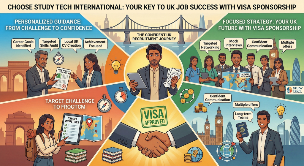 An illustrative infographic titled "STUDY TECH INTERNATIONAL: YOUR SPONSORED UK JOB PATHWAY." It features a central professional holding a "VISA APPROVED" tablet, surrounded by four panels depicting a personalized career plan, focused visa strategy, targeted industry paths, and long-term UK success, all set against a backdrop of UK and Indian landmarks.