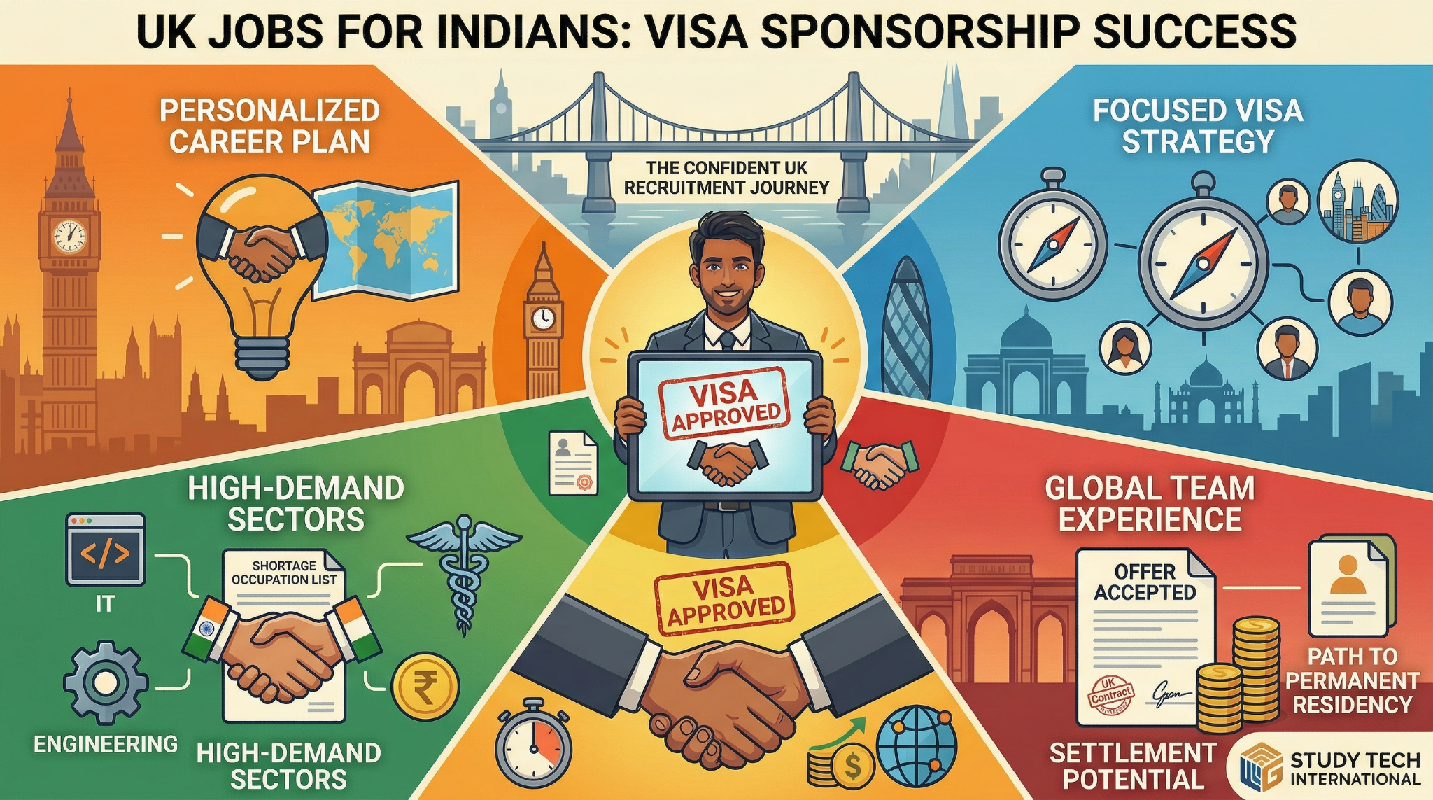 A high-quality blog thumbnail titled "UK JOBS FOR INDIANS: VISA SPONSORSHIP SUCCESS." The infographic features a central professional holding a digital tablet displaying "VISA APPROVED" with a handshake icon. The image is divided into four main color-coded quadrants: Top Left (Orange): Highlights "Personalized Career Plan" with icons of a lightbulb, handshake, and world map. Top Right (Blue): Shows "Focused Visa Strategy" featuring compasses and team network icons. Bottom Left (Green): Focuses on "High-Demand Sectors" like IT and Engineering, referencing the "Shortage Occupation List." Bottom Right (Red): Details "Global Team Experience" and "Settlement Potential," featuring icons for offer acceptance and a path to permanent residency. The design is framed by iconic landmarks including Big Ben, the Tower Bridge, and the India Gate, with the Study Tech International logo in the bottom corner.