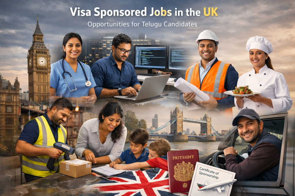 Alt text: A photo-style collage showing diverse Telugu professionals in the UK, including a nurse, software developer, engineer, chef, warehouse worker, teacher, and delivery driver. Big Ben and Tower Bridge appear in the background, along with a UK passport and Certificate of Sponsorship, representing visa-sponsored job opportunities in healthcare, IT, construction, hospitality, logistics, and education.