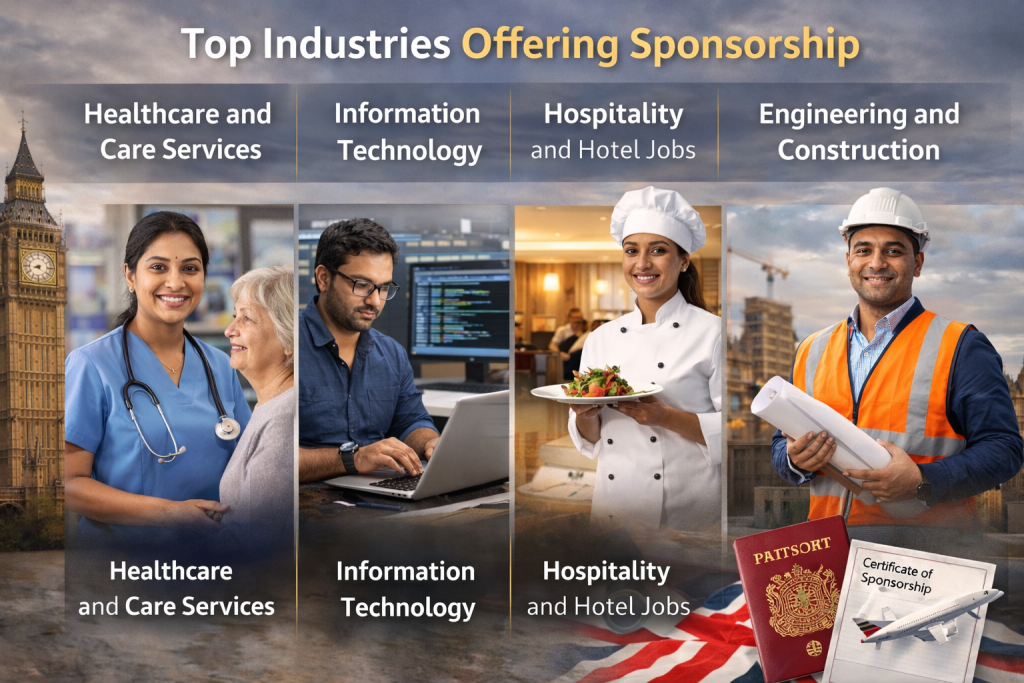 A blog-style image showing four major UK industries that commonly offer visa sponsorship. The image features a nurse caring for an elderly patient for healthcare, a software developer working on a laptop for information technology, a chef in a hotel kitchen for hospitality, and a construction engineer holding blueprints on a building site. Big Ben appears in the background, along with a UK passport and Certificate of Sponsorship to represent UK work visas.