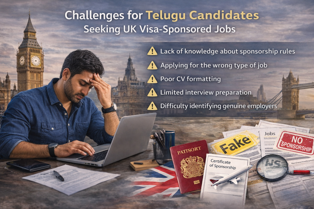 A stressed Telugu job seeker sits at a laptop while searching for UK visa-sponsored jobs, with Big Ben, job listings, a passport, and sponsorship documents in the background highlighting common application challenges.