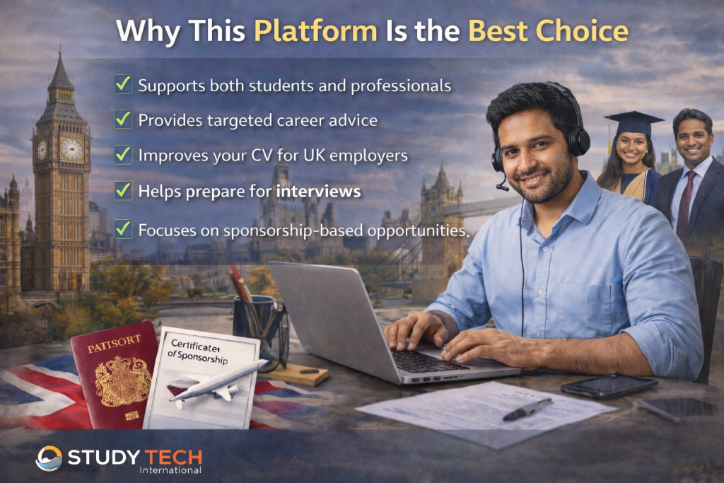 A confident Telugu job seeker works on a laptop with London landmarks in the background, while icons for CV improvement, interview preparation, and UK visa sponsorship highlight career support services.