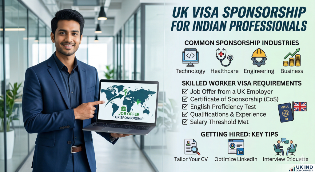 A professional infographic showing a man pointing to a laptop displaying "UK JOB OFFER SPONSORSHIP" on a world map. The right side features text details on "TOP INDUSTRIES OFFERING UK SPONSORSHIP," "SKILLED WORKER VISA REQUIREMENTS," and "GETTING HIRED: KEY TIPS." A "UK IND JOB CONNECT" logo is in the corner.