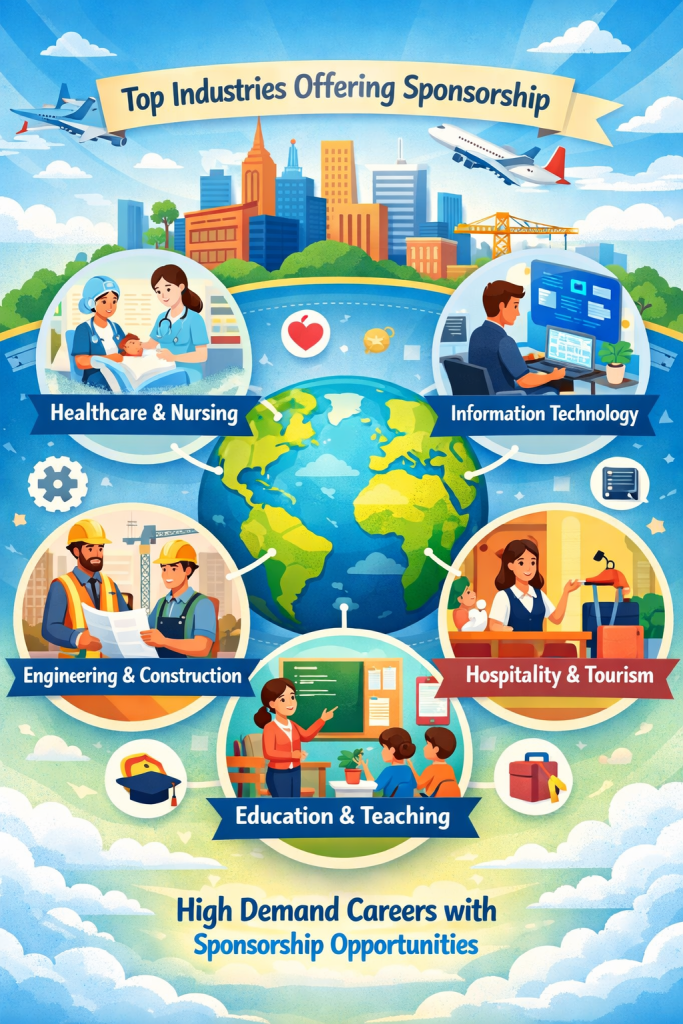 A professional blog thumbnail showing top UK industries offering visa sponsorship for Indian professionals. The image features four key sectors: healthcare and nursing with a nurse and hospital icon, information technology with a software developer and laptop, engineering and construction with an engineer wearing a hard hat near a construction site, and hospitality and education with a chef, teacher, and graduation cap. In the background are iconic UK landmarks including Big Ben, Tower Bridge, and the London Eye, along with a UK visa document, passport, and the Study Tech International logo. Bright, modern colors and bold text highlight “Top Industries Offering Sponsorship” and “UK Visa Sponsorship Jobs for Indians.”