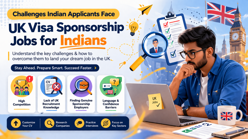 A promotional graphic titled “Challenges Indian Applicants Face: UK Visa Sponsorship Jobs for Indians.” The image shows a concerned young Indian man sitting at a desk with a laptop labeled “UK Jobs,” thinking about how to secure a sponsored job in the UK. Around him are illustrations representing common challenges, including high competition, lack of UK recruitment knowledge, difficulty finding genuine sponsorship employers, and language and confidence barriers. The background features Big Ben, a UK flag, a clipboard checklist, magnifying glass, and icons related to job searching and interviews. At the bottom are suggested solutions: customize your CV, research companies, practice interviews, and focus on key sectors.