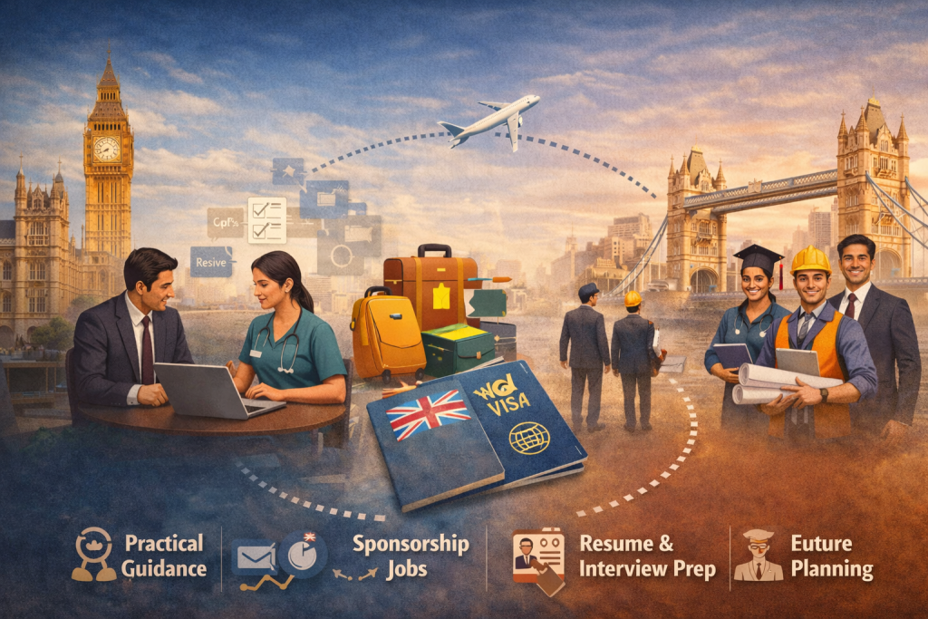Illustration showing the journey of Indian professionals finding sponsorship-based jobs in the UK. On the left, a career advisor helps a nurse prepare on a laptop. In the center are suitcases, a UK visa passport, and an airplane flying toward London. On the right, successful professionals including a nurse, engineer, graduate, and businessperson stand in front of Tower Bridge and Big Ben, representing career opportunities and relocation to the UK.