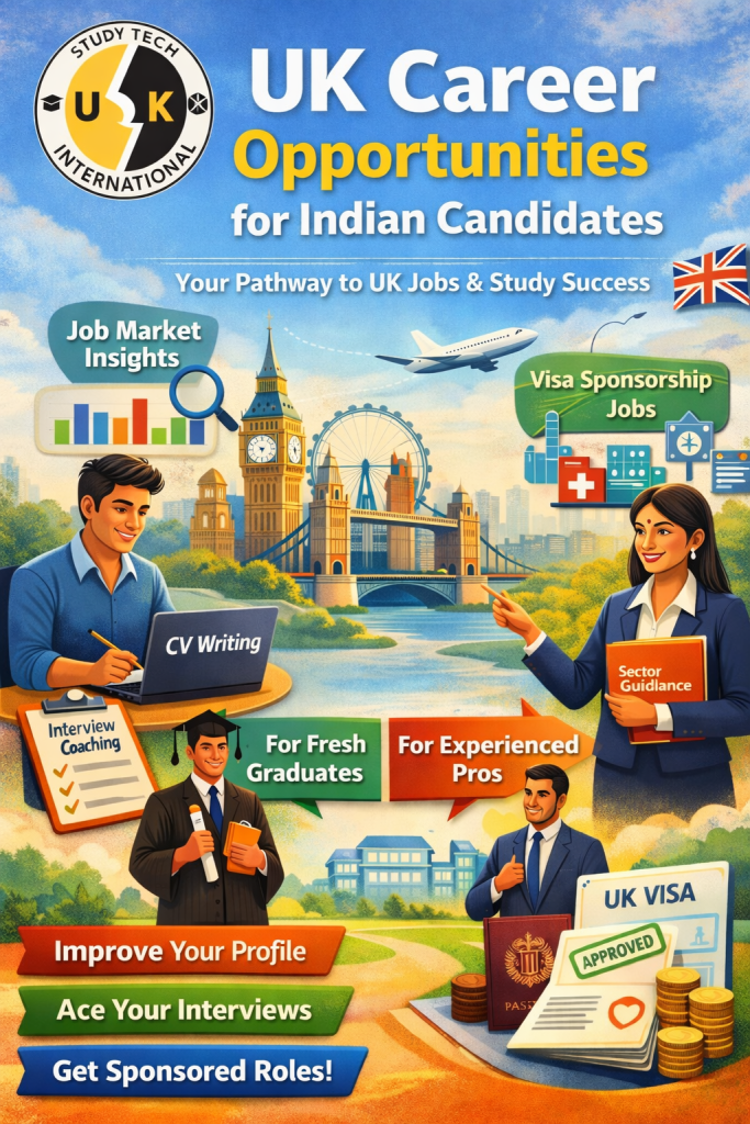 A colorful infographic promoting UK career opportunities for Indian candidates through Study Tech International. The image features the Study Tech International logo at the top, with London landmarks including Big Ben, Tower Bridge, and the London Eye in the background. On the left, a young man works on CV writing and interview coaching, while on the right, a professional woman provides sector guidance for visa sponsorship jobs. The graphic highlights job market insights, visa sponsorship opportunities, and support for both fresh graduates and experienced professionals. At the bottom, text encourages users to improve their profile, ace interviews, and get sponsored roles, alongside a UK visa document, passport, and approval stamp.