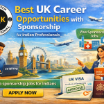 A promotional banner for Study Tech International highlighting “Best UK Career Opportunities with Sponsorship for Indian Professionals.” The image shows the Study Tech International logo, a young man working on CV writing, and a woman providing sector guidance. Behind them are London landmarks including Big Ben, Tower Bridge, and the London Eye, along with airplanes and a UK flag. A green banner promotes “Visa Sponsorship Jobs,” while a UK visa certificate, approved stamp, passport, and coins appear at the bottom. The graphic includes the text “UK visa sponsorship jobs for Indians” and a large yellow “Apply Now” button.