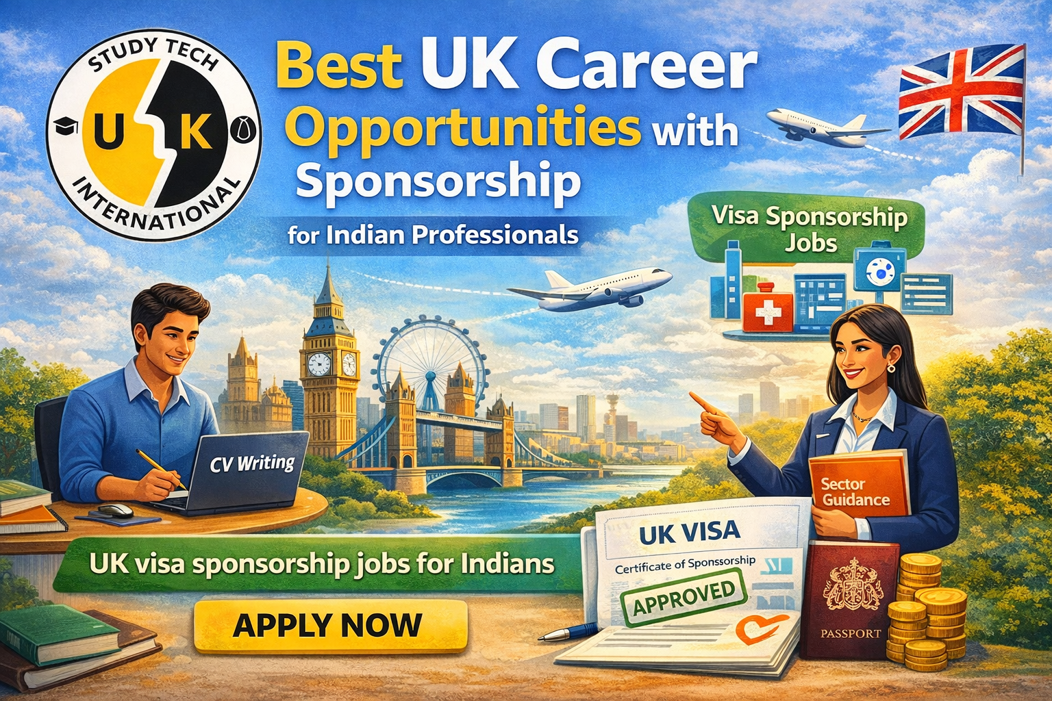 A promotional banner for Study Tech International highlighting “Best UK Career Opportunities with Sponsorship for Indian Professionals.” The image shows the Study Tech International logo, a young man working on CV writing, and a woman providing sector guidance. Behind them are London landmarks including Big Ben, Tower Bridge, and the London Eye, along with airplanes and a UK flag. A green banner promotes “Visa Sponsorship Jobs,” while a UK visa certificate, approved stamp, passport, and coins appear at the bottom. The graphic includes the text “UK visa sponsorship jobs for Indians” and a large yellow “Apply Now” button.