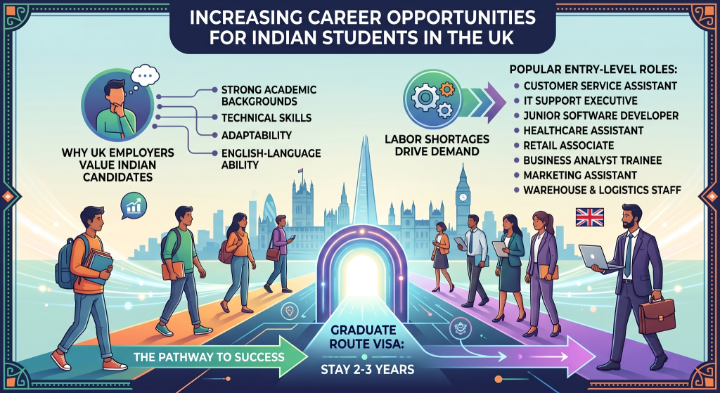 Illustrated infographic showing increasing career opportunities for Indian students in the UK. The image features Indian students and young professionals moving from education to employment against a London skyline with Big Ben and The Shard. Key sections highlight why UK employers value Indian candidates, including strong academics, technical skills, adaptability, and English-language ability. Another section lists popular entry-level roles such as customer service assistant, IT support executive, junior software developer, healthcare assistant, retail associate, business analyst trainee, marketing assistant, and warehouse and logistics staff. At the center, a “Graduate Route Visa” pathway shows students can stay in the UK for 2–3 years after graduation to build their careers.