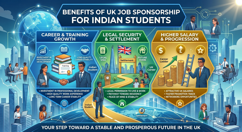 An infographic illustrating the benefits of UK job sponsorship for Indian students, including a central pathway leading from study in London towards long-term settlement. Three columns highlight career and training growth, legal security and settlement, and higher salary and career progression, all set against a background of a modern global cityscape.