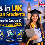 Blog thumbnail showing a smiling Indian female graduate holding a laptop and CV in front of London landmarks including Big Ben and Tower Bridge, while an Indian student in business attire shakes hands with a UK employer. Large headline text reads “Jobs in UK for Indian Students” with the subtitle “Top Sponsorship Careers & UK Opportunities 2026,” alongside icons for CV/Resume, Interview, Visa Sponsorship, and Career Growth.
