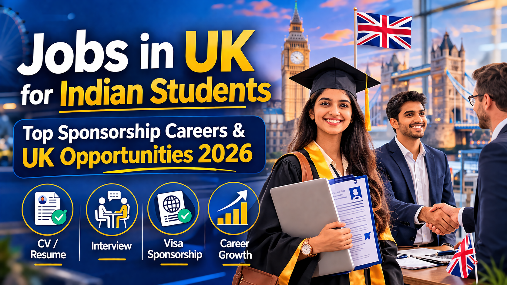 Blog thumbnail showing a smiling Indian female graduate holding a laptop and CV in front of London landmarks including Big Ben and Tower Bridge, while an Indian student in business attire shakes hands with a UK employer. Large headline text reads “Jobs in UK for Indian Students” with the subtitle “Top Sponsorship Careers & UK Opportunities 2026,” alongside icons for CV/Resume, Interview, Visa Sponsorship, and Career Growth.