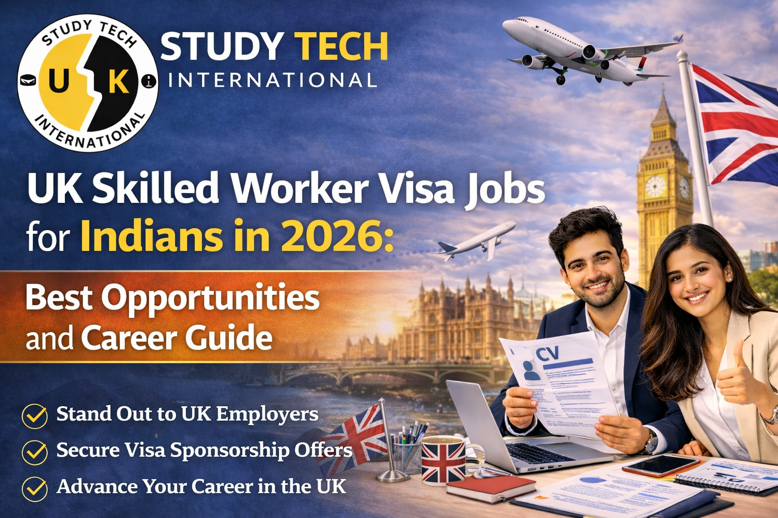 Professional promotional banner for Study Tech International showing two Indian professionals holding a UK-style CV and smiling in front of the London skyline and Big Ben. The image highlights UK Skilled Worker Visa Jobs for Indians in 2026, with UK flags, airplanes, a laptop, and text about career opportunities, visa sponsorship, and standing out to UK employers.