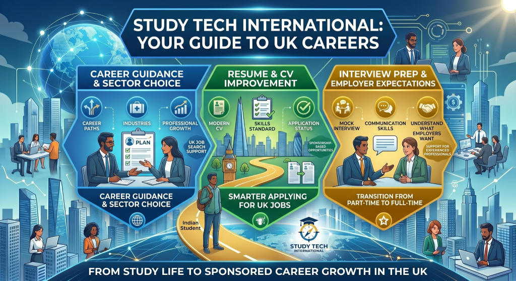 Infographic titled “Study Tech International: Your Guide to UK Careers” showing how Indian students can move from study life to sponsored careers in the UK. The image is divided into three sections: career guidance and sector choice, resume and CV improvement, and interview preparation with employer expectations. Each section includes icons and illustrations for career paths, industry selection, professional growth, modern CVs, application support, mock interviews, communication skills, and understanding employer requirements. A central pathway leads from an Indian student toward UK job opportunities and sponsorship, with London landmarks like Big Ben and The Shard in the background. The footer text reads: “From Study Life to Sponsored Career Growth in the UK.”